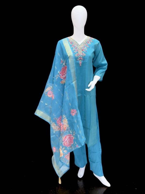 Blue Floral Embroidered Salwar Kameez Set with Printed Dupatta