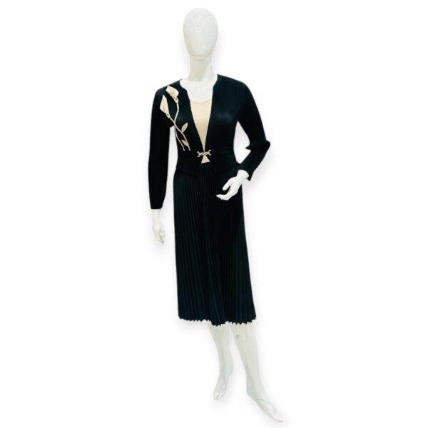 Elegant Black Pleated Midi Dress with Floral Embroidery | Belted Design