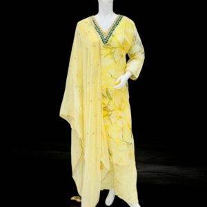 Elegant Yellow Floral Printed Salwar Kameez with Embroidered Dupatta