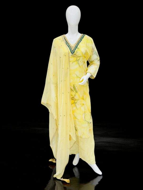 Elegant Yellow Floral Printed Salwar Kameez with Embroidered Dupatta