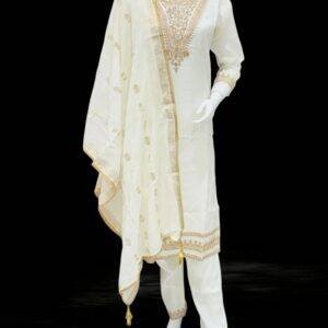 White and Gold Embroidered Salwar Kameez with Dupatta