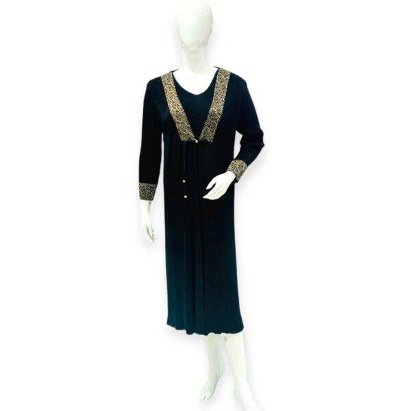Elegant Black Long Dress with Gold Embellishments and Waist Tie