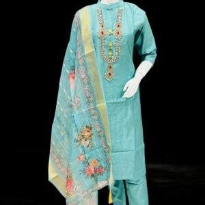 Aqua Blue Salwar Kameez with Embellished Necklace Design & Floral Dupatta