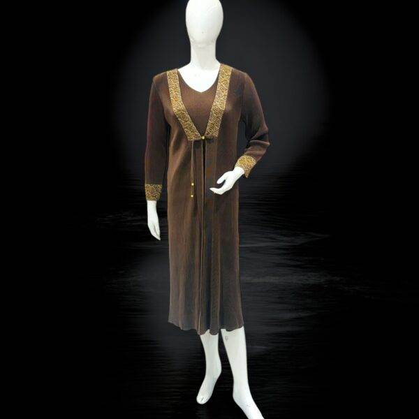 Elegant Brown Long Dress with Gold Embellished Trim
