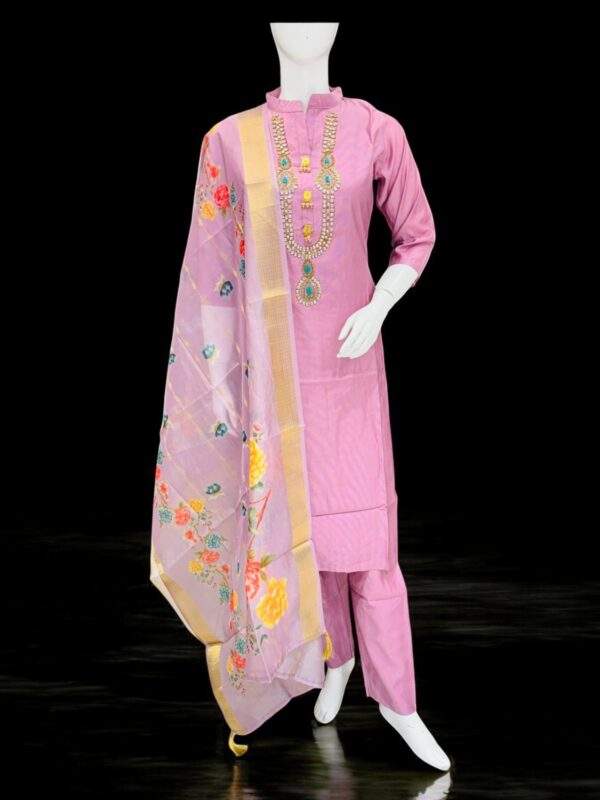 Elegant Pink Salwar Kameez with Jewel Embroidery and Floral Dupatta