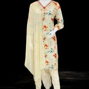 Elegant Floral Printed Salwar Kameez in Cream with Embroidered Neckline