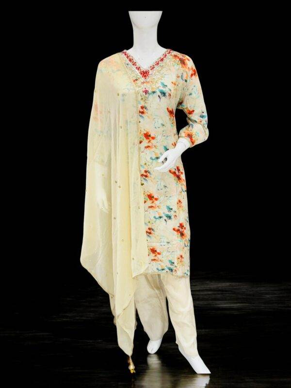 Elegant Floral Printed Salwar Kameez in Cream with Embroidered Neckline