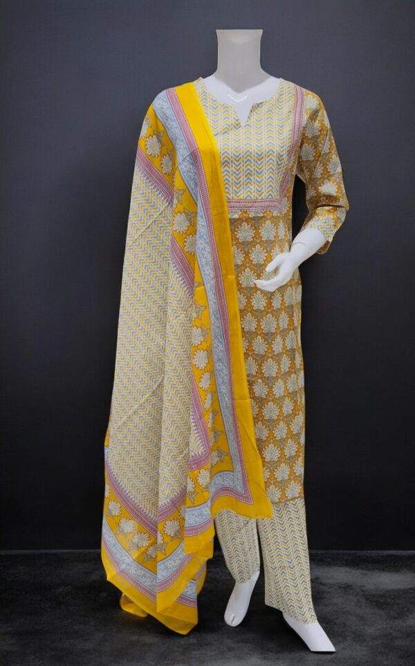 Elegant Yellow Floral Printed Suit with Chevron Pattern Dupatta