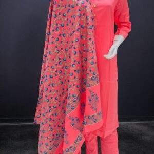 Vibrant Coral Pink Suit Set with Floral Printed Dupatta