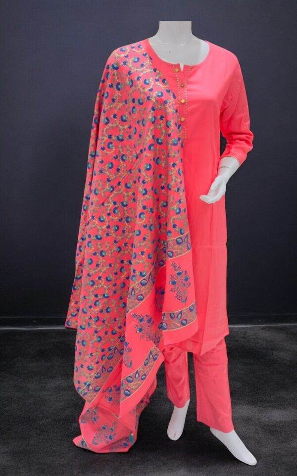 Vibrant Coral Pink Suit Set with Floral Printed Dupatta