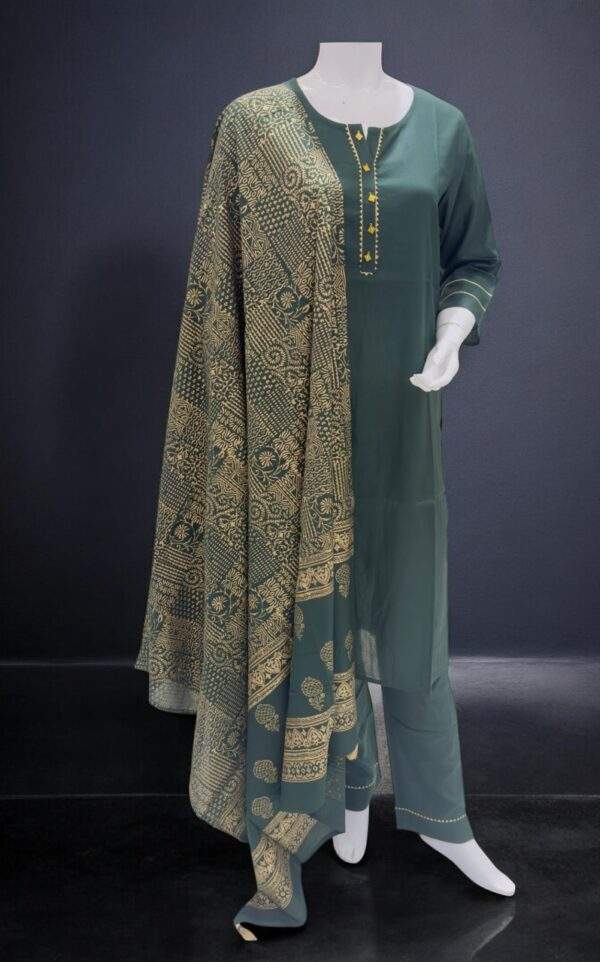 Elegant Teal Green Suit Set with Intricate Golden Printed Dupatta