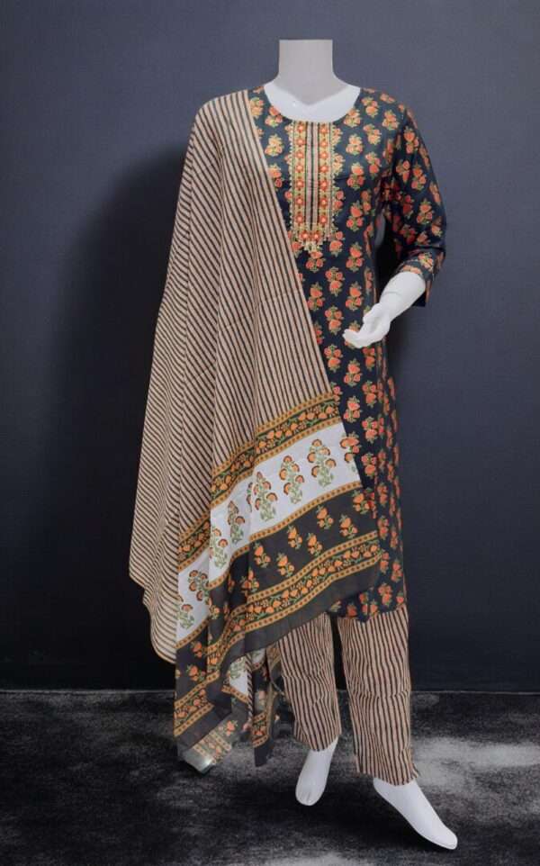 Elegant Black and Beige Floral Printed Suit with Striped Dupatta