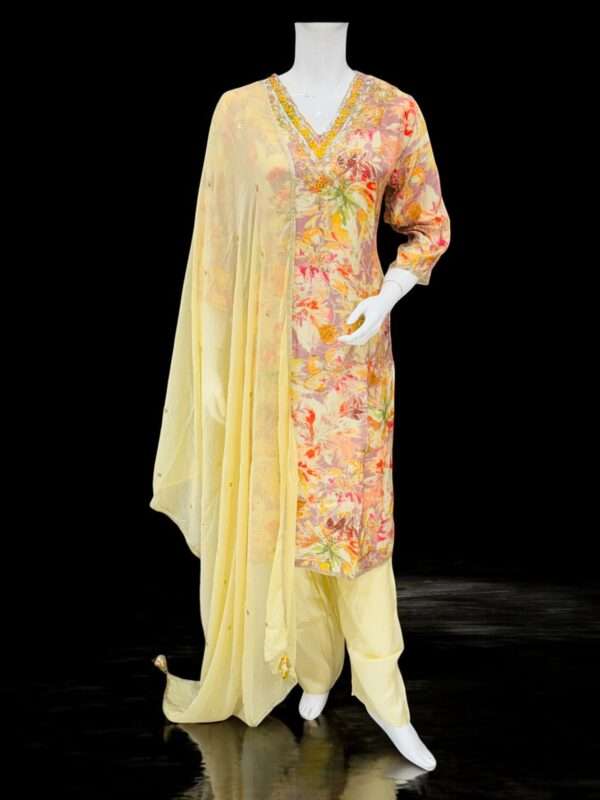 Elegant Multicolored Floral Salwar Kameez with Embellished Dupatta