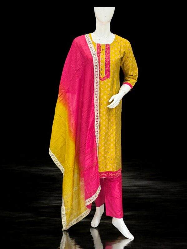 Bright Yellow and Pink Printed Salwar Kameez with Dual-Tone Dupatta