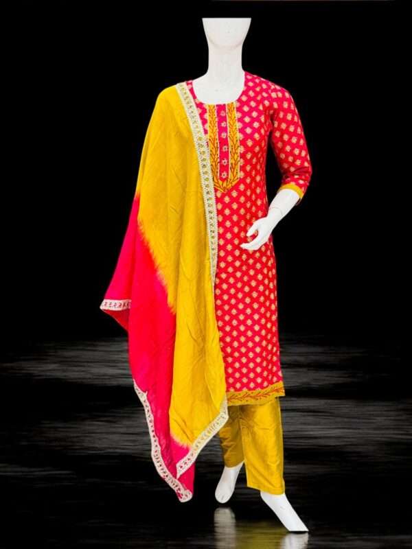 Red and Yellow Printed Salwar Kameez with Ombre Dupatta