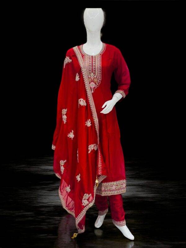Elegant Red Embroidered Salwar Kameez with Ornate Dupatta