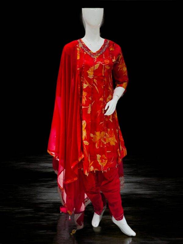 Elegant Red Floral-Printed Ethnic Suit with Beaded Neckline and Churidar Bottoms
