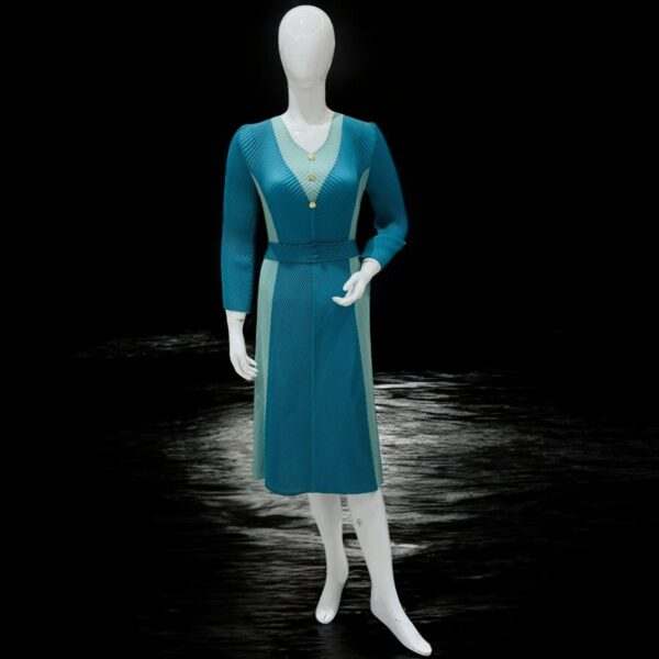 Teal Ribbed V-Neck Belted Midi Dress with Long Sleeves