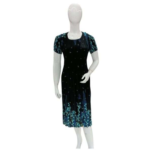 Elegant Black and Blue Floral Midi Dress with Short Sleeves