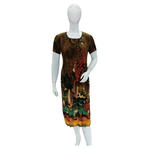 Elegant Brown and Multicolor Printed Midi Dress with Short Sleeves
