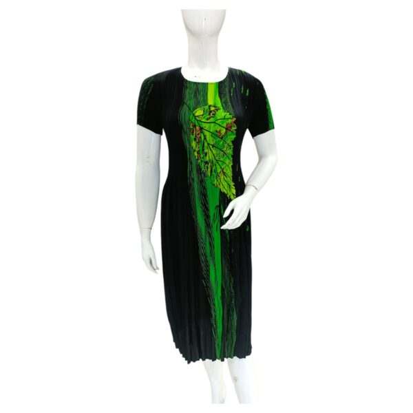 Elegant Black and Green Leaf Print Midi Dress for Women