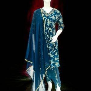 Elegant Teal Blue Floral Ethnic Suit with Flowing Dupatta