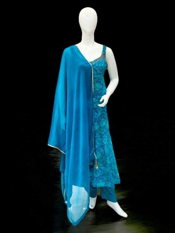 Stunning Teal Blue Sleeveless Ethnic Suit with Flowing Dupatta