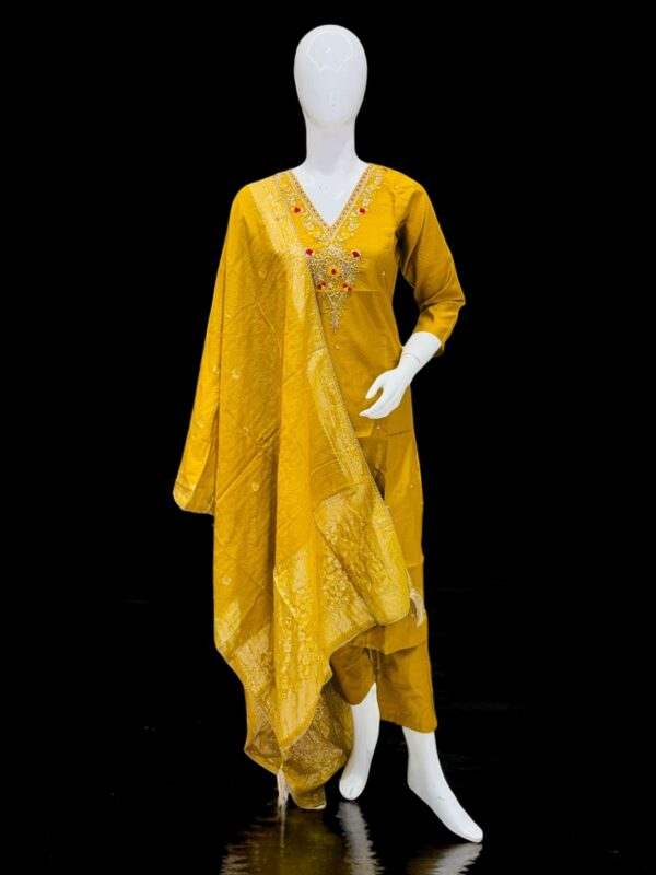 Golden Mustard Embroidered Salwar Kameez with Brocade Dupatta