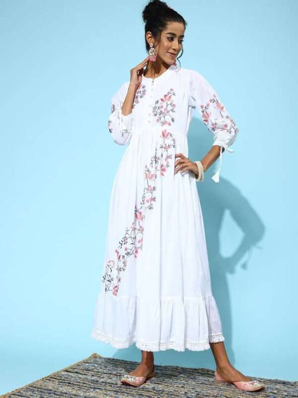 Elegant White Embroidered Maxi Dress with Floral Accents