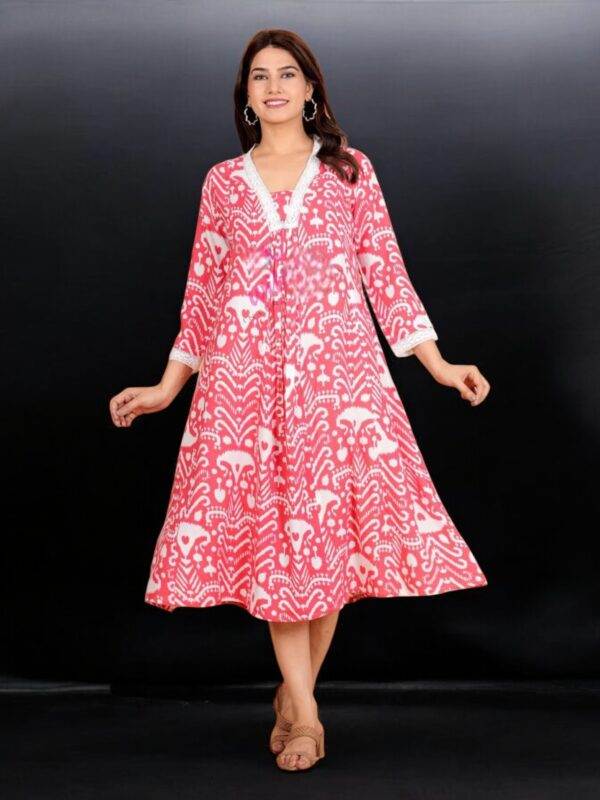 Stylish Pink Ikat Print Dress with Lace Detailing - Viscose Rayon