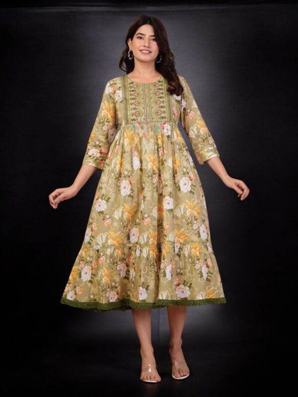 Elegant Floral Olive Green Rayon Dress - Perfect for Every Occasion