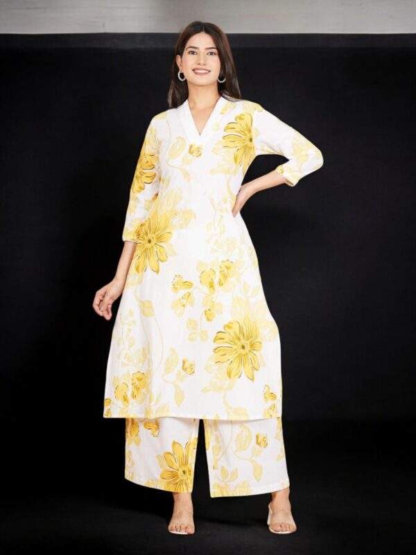 Elegant White and Yellow Floral Cotton Kurta Set - Style No. 9240
