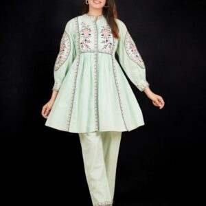 Chic Mint Green Embroidered Cotton Kurta Set with Pants