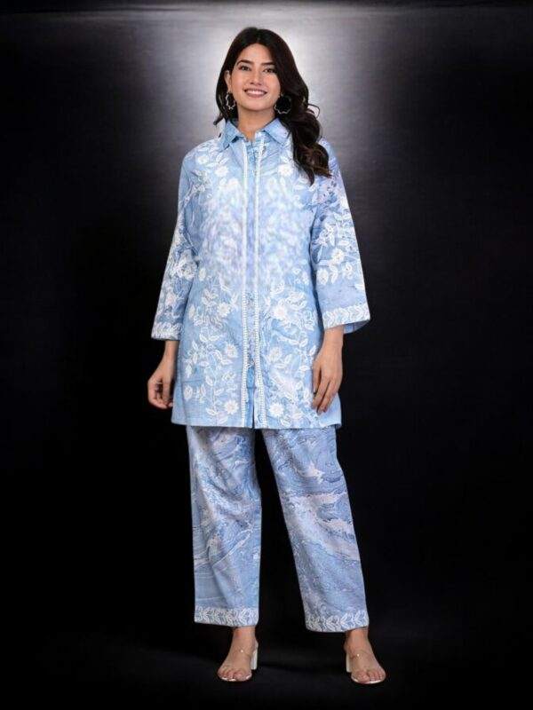 Elegant Sky Blue Embroidered Cotton Kurta Set with Printed Pants