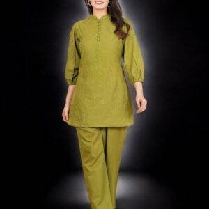 Stylish Olive Green Embroidered Cotton Kurta Set for Women