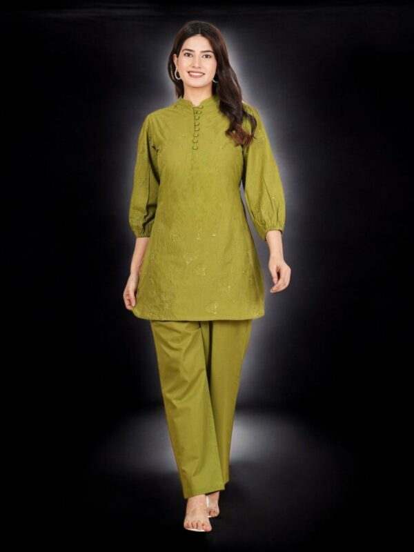 Stylish Olive Green Embroidered Cotton Kurta Set for Women