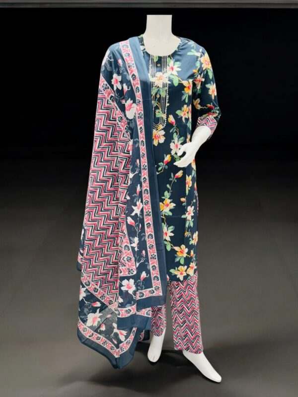 Navy Blue Floral Printed Kurta Set with Chevron Dupatta – Elegant Ethnic Wear