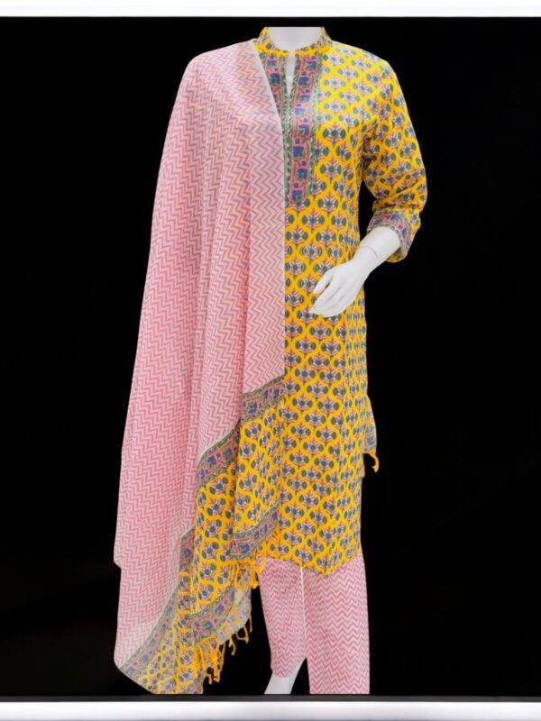 Charming Yellow and Pink Printed Kurta Set with Dupatta