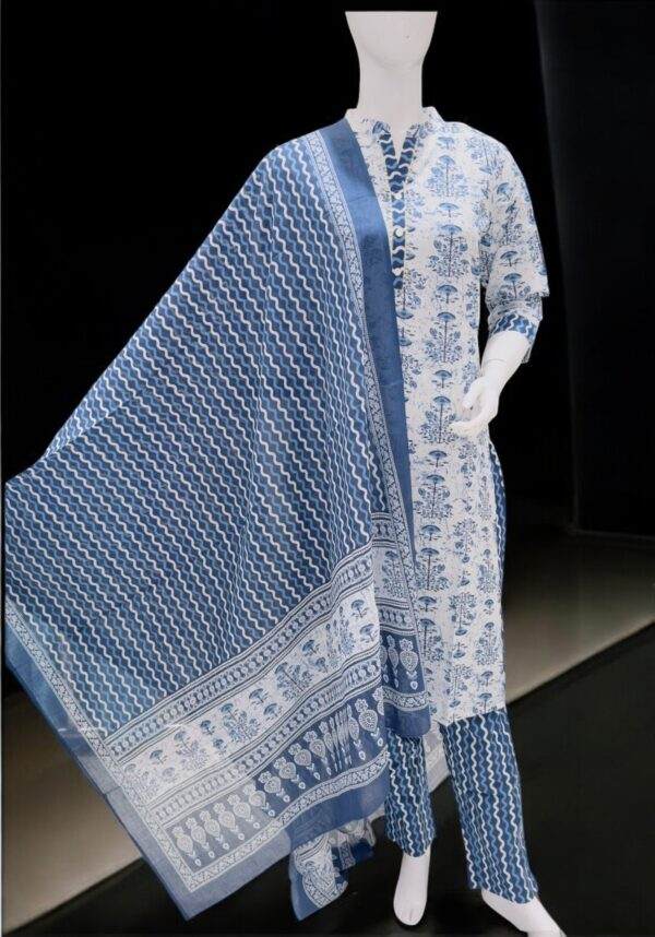 Elegant Blue and White Printed Kurta Set with Dupatta