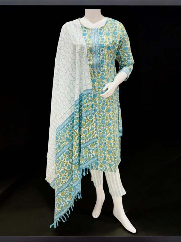 Chic Blue Floral Kurta Set with White Geometric Dupatta