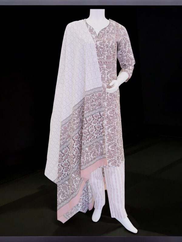 Graceful Pink and Brown Floral Kurta Set with Geometric Dupatta