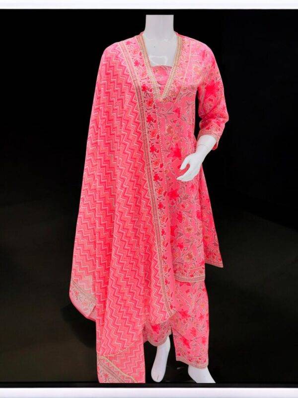 Bright Pink Floral Kurta Set with Chevron Pattern Dupatta