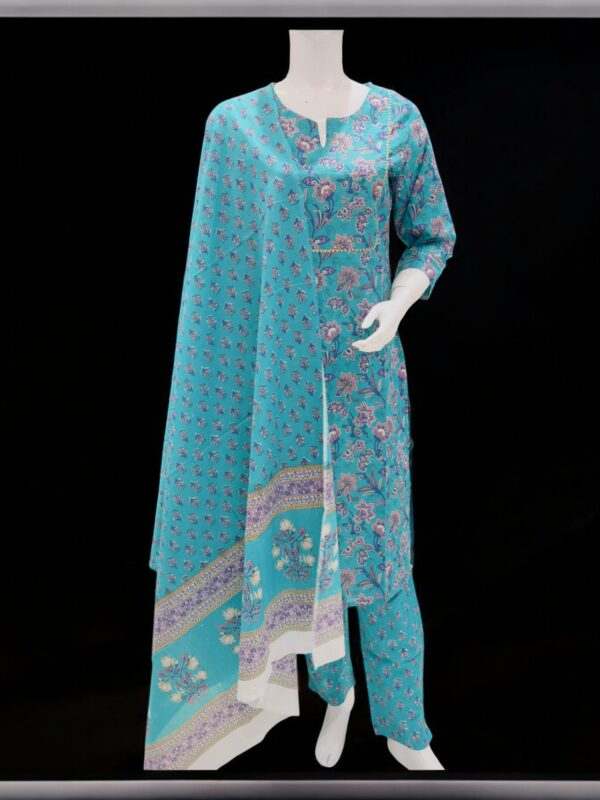 Charming Aqua Blue Floral Printed Kurta Set with Dupatta
