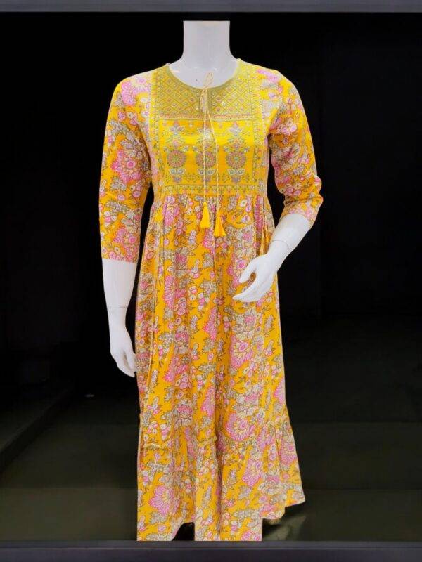 Bright Yellow Floral Anarkali Dress with Tassel Detailing
