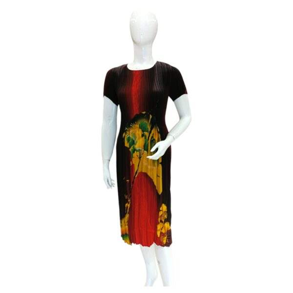 Elegant Multicolor Pleated Midi Dress with Vibrant Floral Design