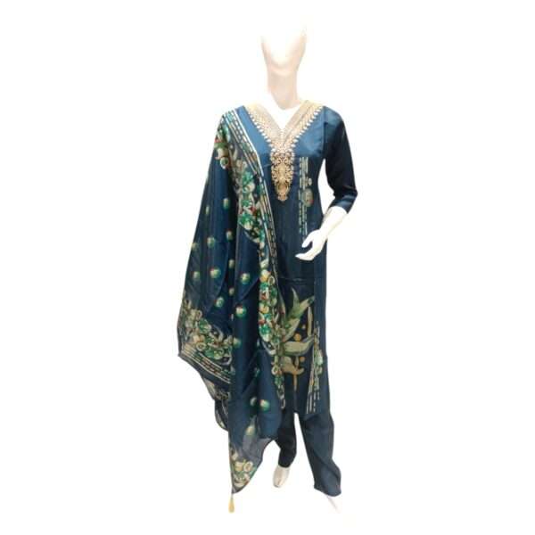 Teal Blue Printed Kurta Set with Embroidered Panel – Elegant Women’s Traditional Wear