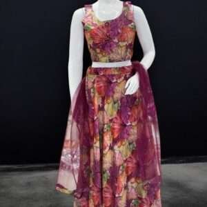 Elegant Floral Print Crop Top with Flared Skirt & Sheer Dupatta