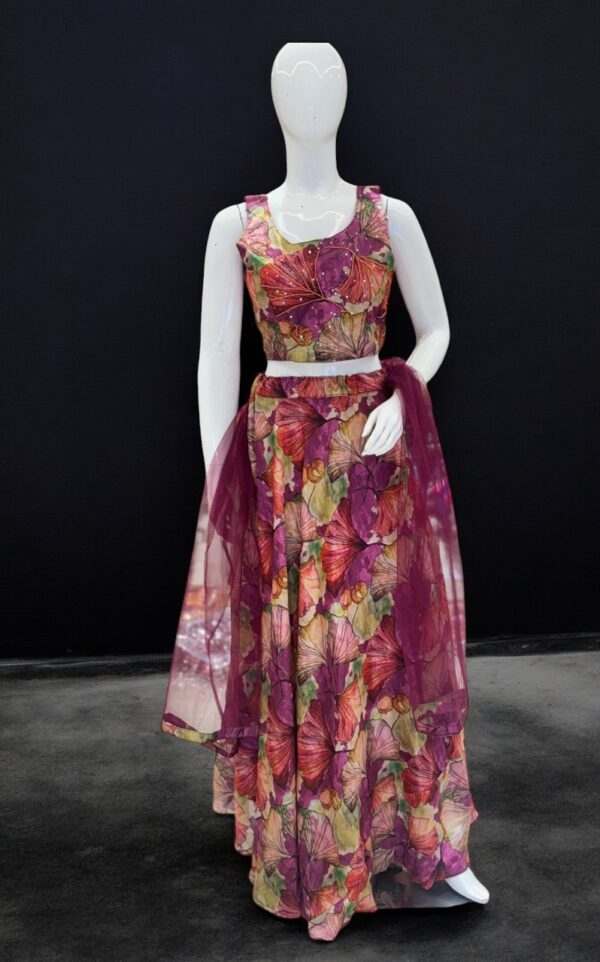 Elegant Floral Print Crop Top with Flared Skirt & Sheer Dupatta