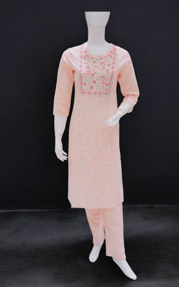 Pastel Peach Cotton Kurta Set with Embroidered Details