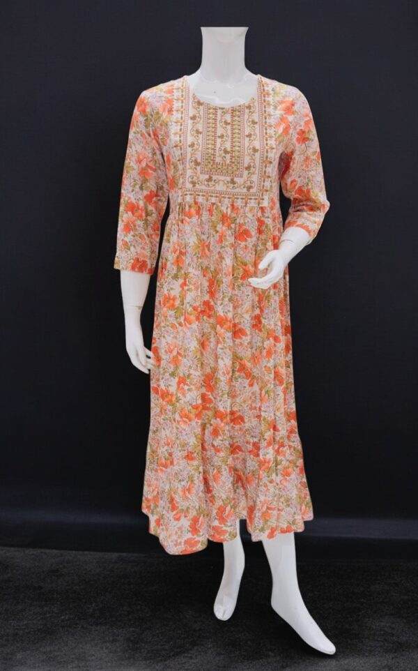 Floral Printed Orange Anarkali Kurta with Intricate Yoke Embroidery